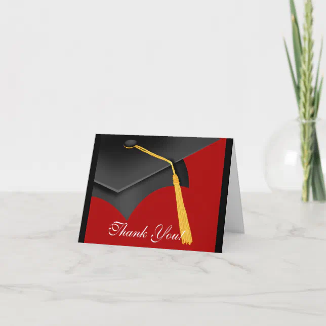 Graduation Thank You Note Card Black Red Grad Cap | Zazzle