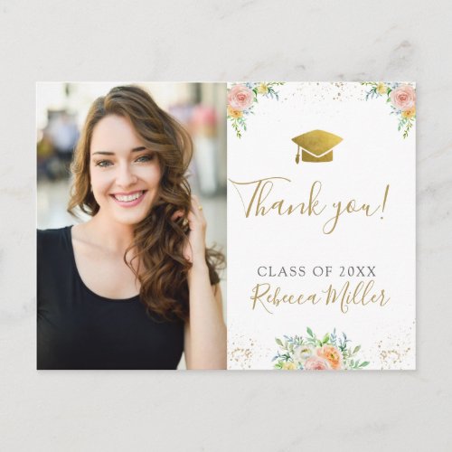 Graduation Thank you Photo Postcard floral  gold