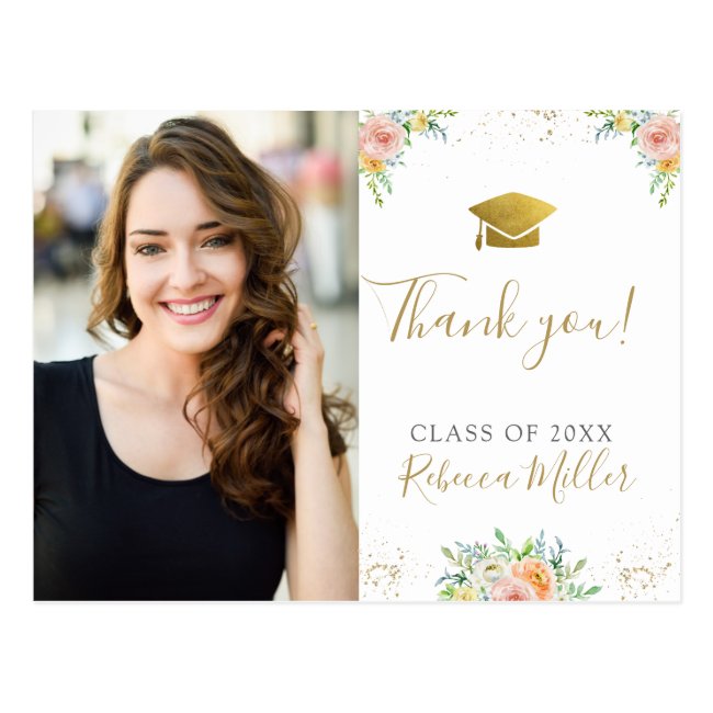 Graduation Thank you Photo Postcard floral gold