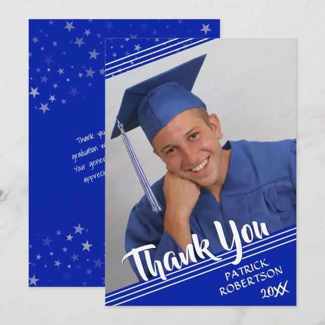 Graduation Thank You Royal Blue Brush Script Photo Invitation (Front/Back)