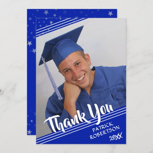 Graduation Thank You Royal Blue Brush Script Photo Invitation