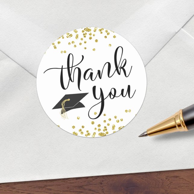 Graduation Thank You Script Black Gold Confetti Classic Round Sticker (Creator Uploaded)