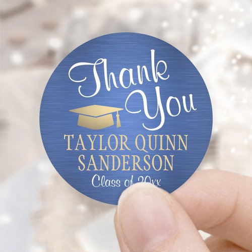 Graduation Thank You Script Brushed Blue and Gold Classic Round Sticker