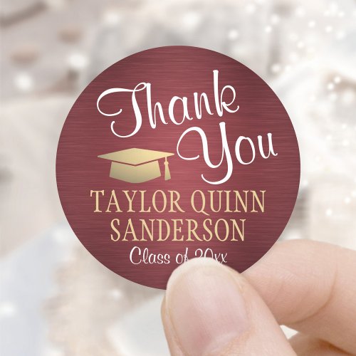 Graduation Thank You Script Brushed Burgundy Gold Classic Round Sticker