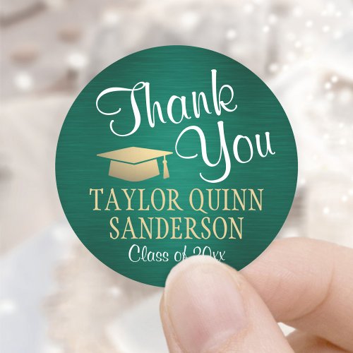 Graduation Thank You Script Brushed Green and Gold Classic Round Sticker