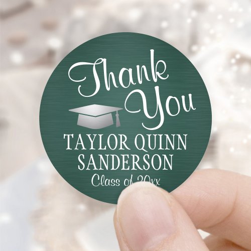 Graduation Thank You Script Brushed Green  White Classic Round Sticker