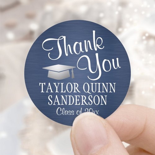 Graduation Thank You Script Brushed Navy and White Classic Round Sticker