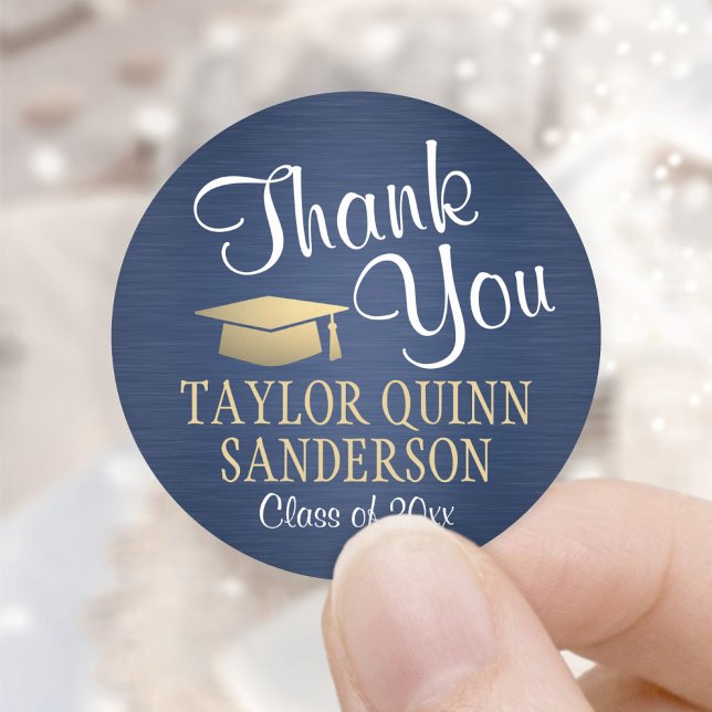 Graduation Thank You Script Brushed Navy Blue Gold Classic Round Sticker (Creator Uploaded)