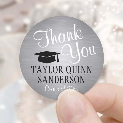 Graduation Thank You Script Brushed Silver Gray Classic Round Sticker