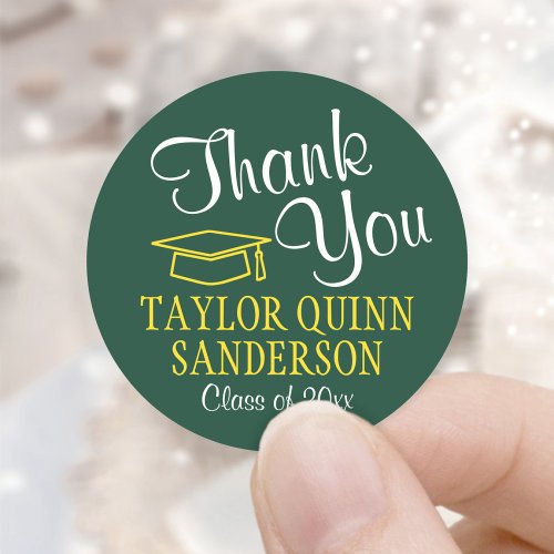 Graduation Thank You Script Green and Gold Yellow Classic Round Sticker