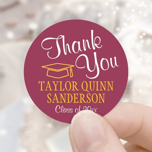 Graduation Thank You Script Maroon Red Gold Yellow Classic Round Sticker