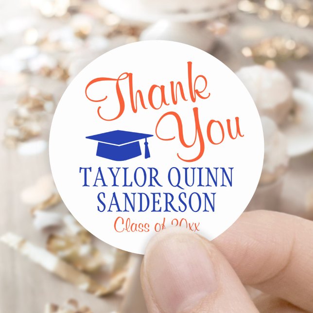 Graduation Thank You Script Modern Orange and Blue Classic Round Sticker (Creator Uploaded)