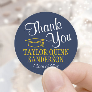 Graduation Thank You Script Navy Blue Gold Yellow Classic Round Sticker