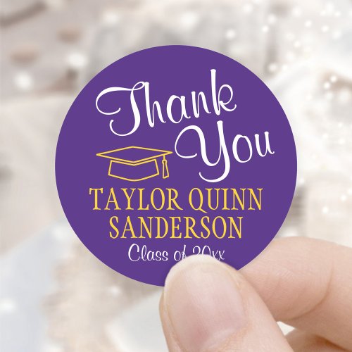 Graduation Thank You Script Purple and Gold Yellow Classic Round Sticker