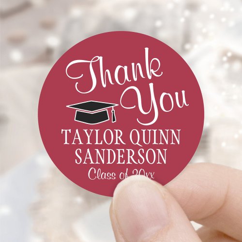 Graduation Thank You Script Red Black and White Classic Round Sticker