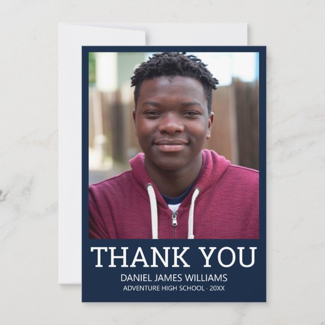 Graduation Thank You Simple Photo Blue Card (Front)