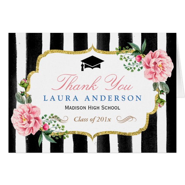 Graduation Thank You Watercolor Floral Stripes Card