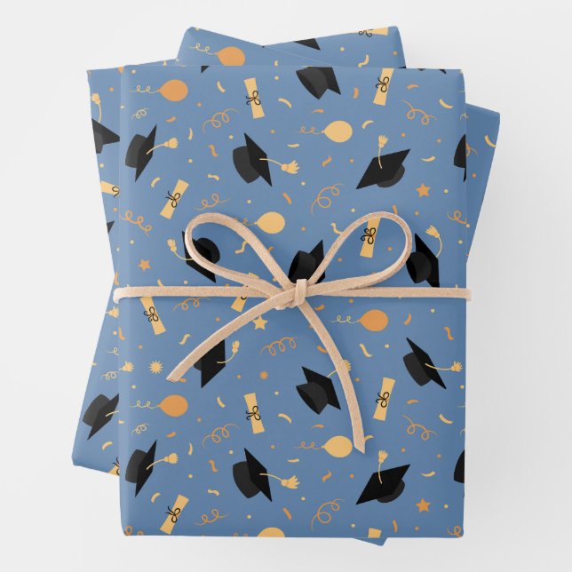 Graduation Theme with Cap, Diploma, Balloons Blue Wrapping Paper Sheets (In situ)