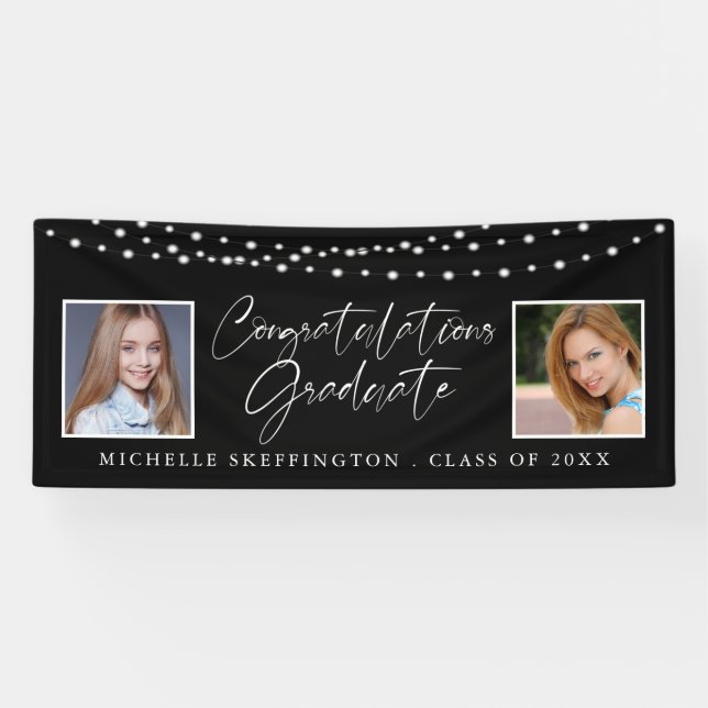 Graduation Then and Now Photos String Lights Black Banner (Horizontal)