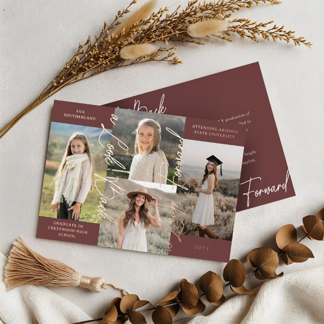 Graduation Then & Now Photo Collage Announcement (Graduation Then & Now Photo Collage Burgundy Announcement)