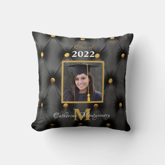 Graduation Traditional Black and Gold Tufted Throw Throw Pillow (Front)