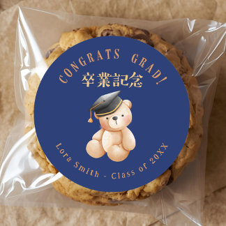 Graduation Treat Cute Bear Navy Blue Classic Round Sticker