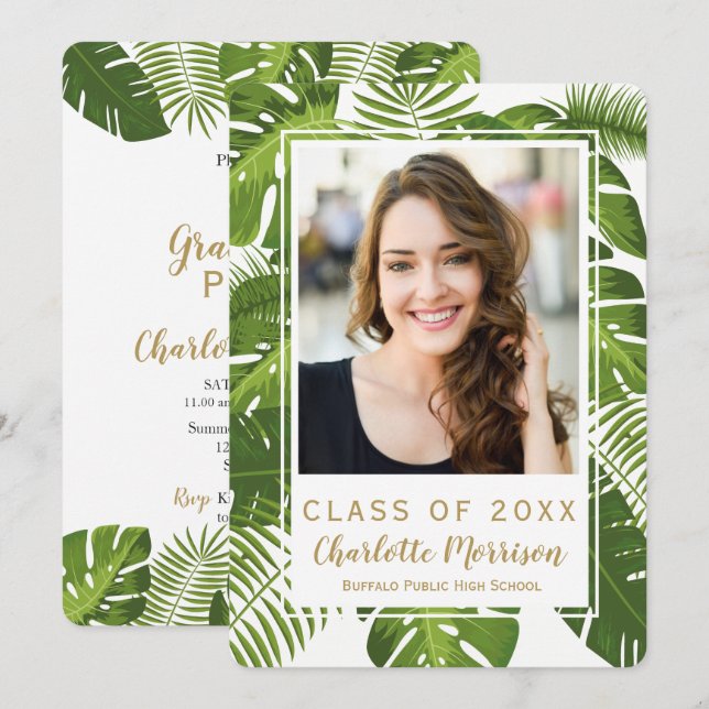 Graduation tropical green gold photo invitation (Front/Back)