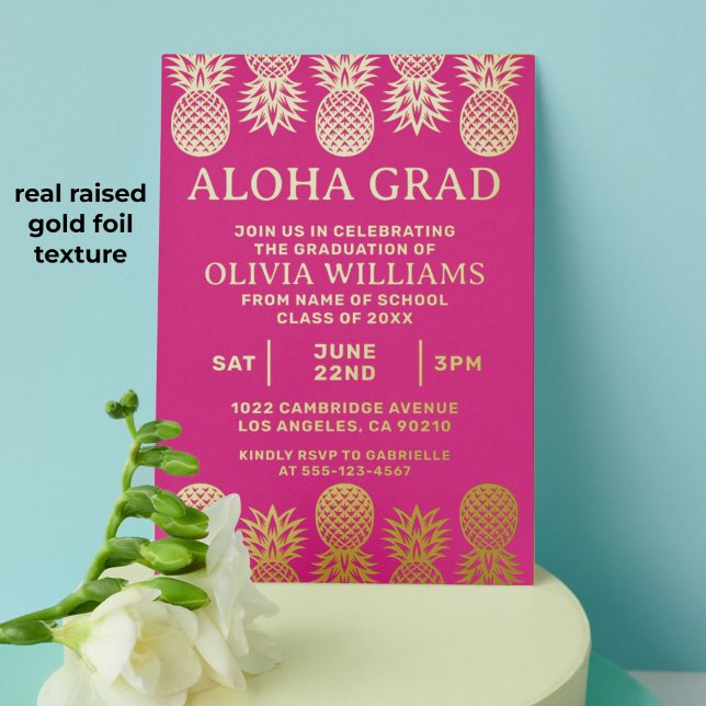 Graduation Tropical Pineapple Luau Pink Foil Invitation (Tropical pineapple graduation invitation with gold foil raised texture)