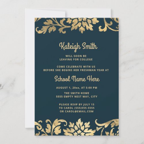 Graduation Trunk Party Navy Blue Vintage Gold Invitation