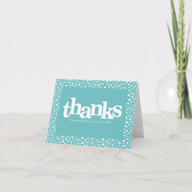 Graduation turquoise blue bold modern typography thank you card (Front)