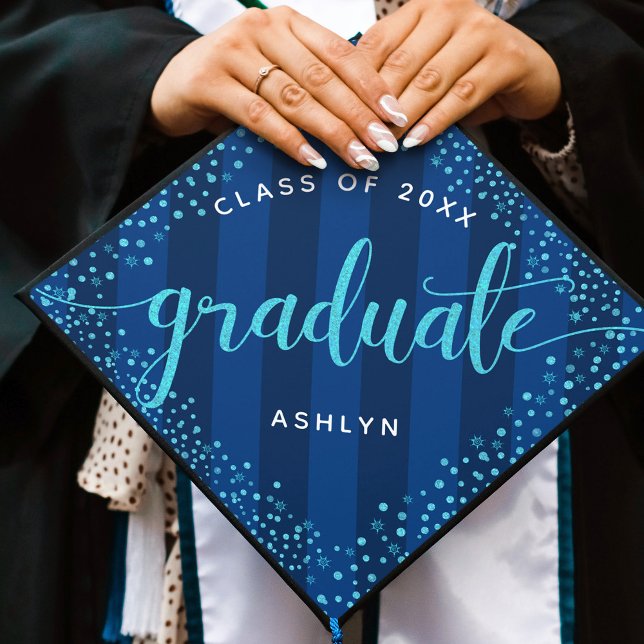 Graduation turquoise glitter dots navy stripes cap topper (Creator Uploaded)