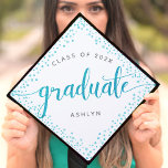 Graduation turquoise glitter dots & script custom graduation cap topper<br><div class="desc">Your favorite grad will stand out and make a statement when she wears this graduation cap topper! Let her celebrate her milestone with this stunning, modern, sparkly turquoise glitter dots and typography script on a white background, tassel topper. Personalize the custom text with your grad’s name and class year. Guaranteed...</div>
