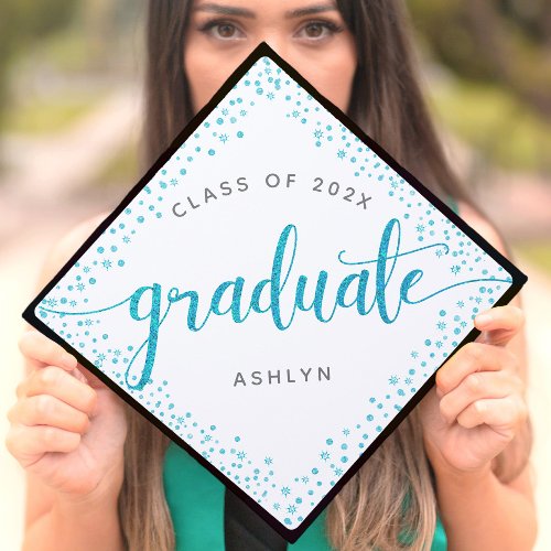 Graduation turquoise glitter dots  script custom graduation cap topper