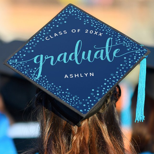 Graduation turquoise glitter dots & script on navy graduation cap topper (Creator Uploaded)