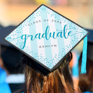 Graduation turquoise glitter dots stripes monogram cap topper