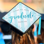 Graduation turquoise glitter dots stripes monogram graduation cap topper<br><div class="desc">Your favorite grad will stand out and make a statement when she wears this graduation cap topper! Let her celebrate her milestone with this stunning, modern, sparkly turquoise glitter dots and typography script against a baby turquoise blue and white striped background, tassel topper. Personalize the custom text with your grad’s...</div>