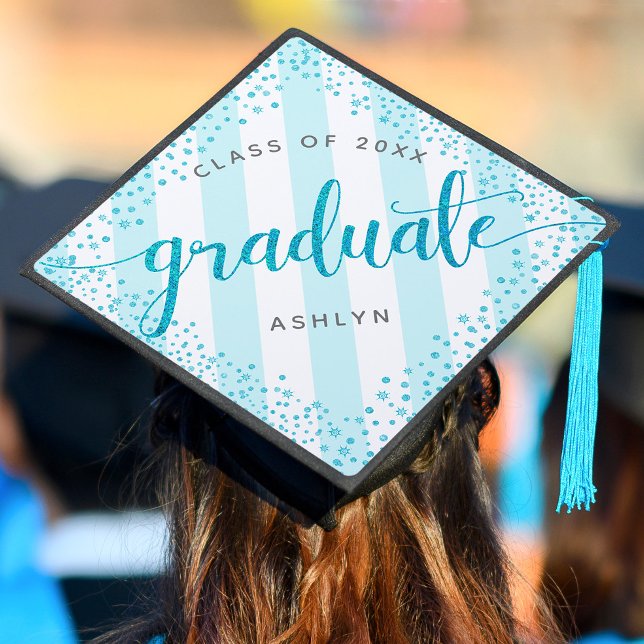 Graduation turquoise glitter dots stripes monogram graduation cap topper (Creator Uploaded)
