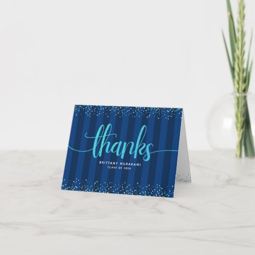 Graduation turquoise script calligraphy navy chic thank you card