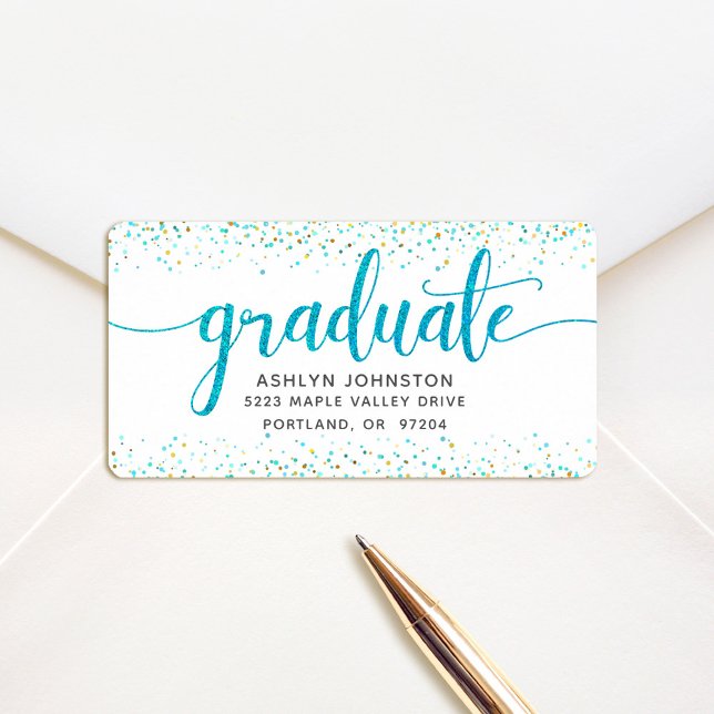 Graduation turquoise script modern custom address label (Creator Uploaded)