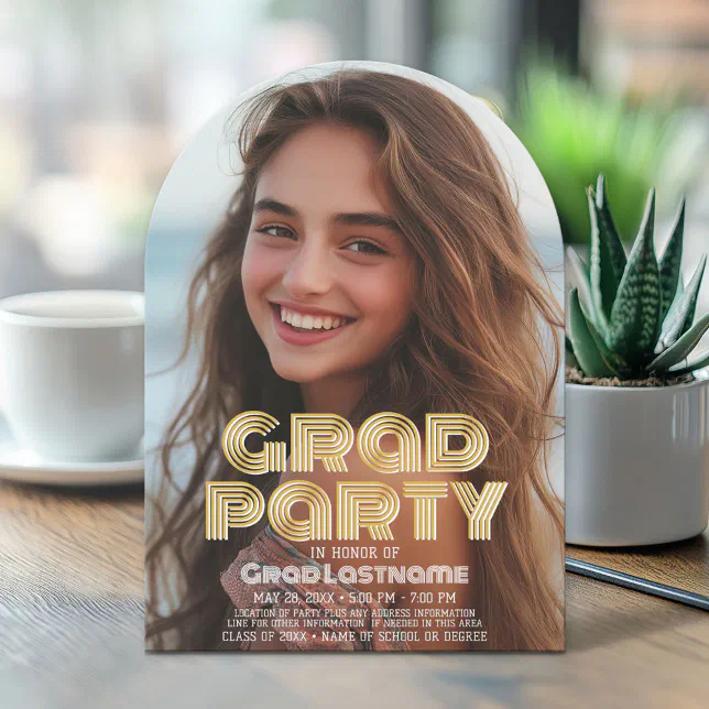Graduation Vertical Photo - Grad Party Script Gold Invitation | Zazzle