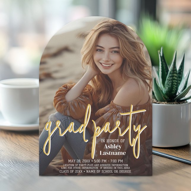 Graduation Vertical Photo - Grad Party Script Gold Invitation (Arch Top Graduation Announcement)