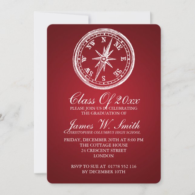 Graduation Vintage Compass Red Invitation (Front)