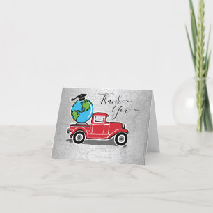 Graduation Vintage Red Truck Grad Cap World Globe Letterpress Thank You Card