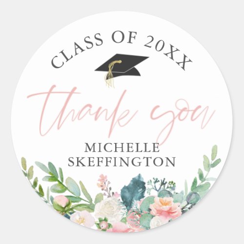 Graduation Watercolor Blush Pink Floral Thank You Classic Round Sticker