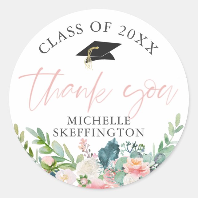 Graduation Watercolor Blush Pink Floral Thank You Classic Round Sticker (Front)