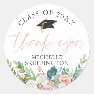 Graduation Watercolor Blush Pink Floral Thank You Classic Round Sticker