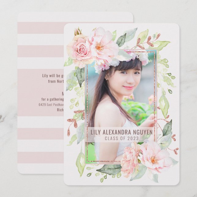 Graduation | Watercolor Blush Rose Floral Invitation (Front/Back)