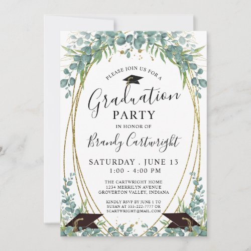 Graduation Watercolor Eucalyptus Script Gold Frame Invitation