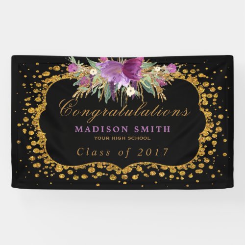 Graduation Watercolor Glitter Flower Gold Confetti Banner