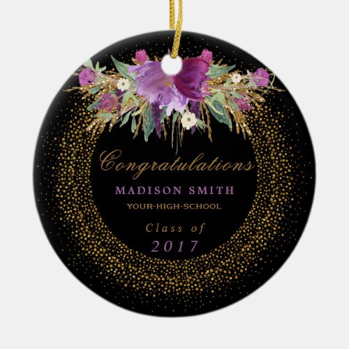 Graduation Watercolor Glitter Flower Gold Confetti Ceramic Ornament